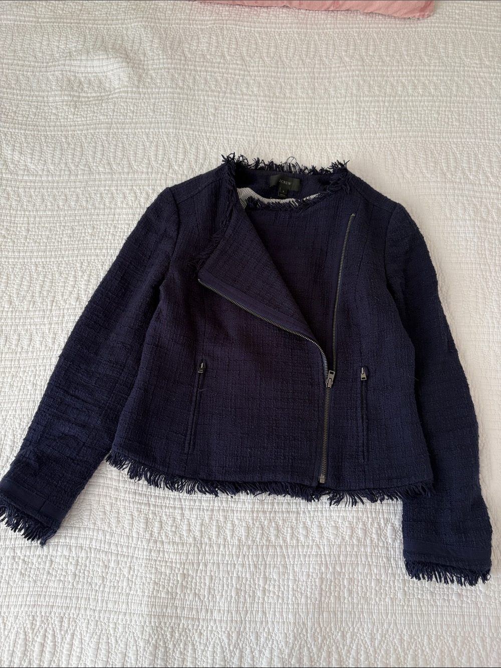 J. Crew Navy Bouclé Frayed-Trim Moto Blazer